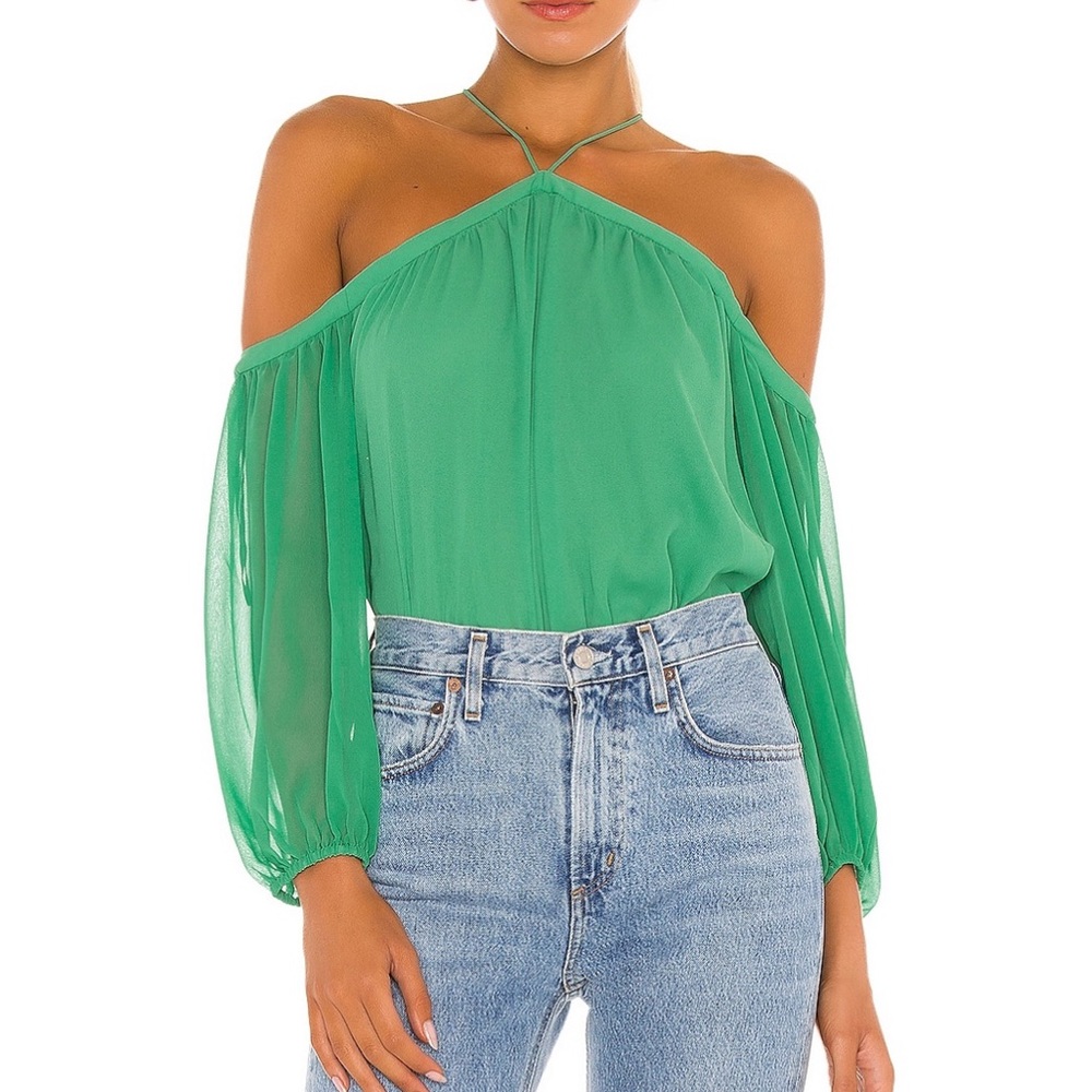 1 STATE High neck off the shoulder blouse in green